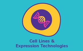 Illustration featuring a stylized cell with a DNA helix in the center, surrounded by a purple circle and yellow ring, against a teal background. Below is the text ‘Cell Lines & Expression Technologies.