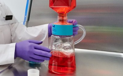 Scientist filtering cell culture media Scientist filtering cell culture media