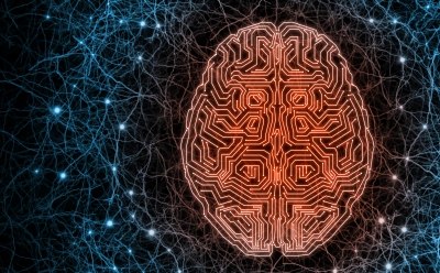 Brain illustrated as electronic chip surrounded by neural system to illustrate combination of state-of-the-art technology with bio-organisms.