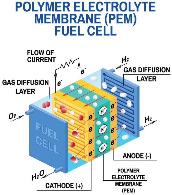 Illustration d&apos;une pile &agrave; combustible PEM montrant comment l&apos;&eacute;nergie chimique est convertie en &eacute;nergie &eacute;lectrique en utilisant de l&apos;hydrog&egrave;ne gazeux et de l&apos;oxyg&egrave;ne gazeux comme combustible.
