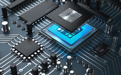 Illustration of printed circuit board made of electronic components at the micrometer and nanometer scale.