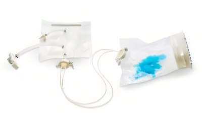 Two sterile plastic bags connected by tubing.