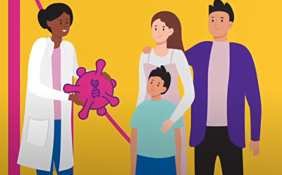 Colorful illustration of four simplified characters against a yellow background. Left to right: doctor with large pink model, child, and two adults.