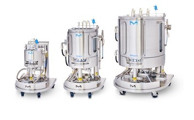 3 sizes of stainless steel Mobius® ADC reactors, 10 L on the left, 100 L in the middle, and 500 L to the right