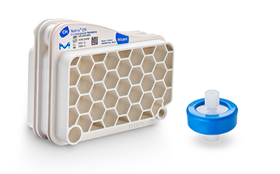 A set of two laboratory filtration components. On the left, a white filter cartridge with a honeycomb structure. On the right, a blue and white connector piece used for fluid transfer. A set of two laboratory filtration components. On the left, a white filter cartridge with a honeycomb structure. On the right, a blue and white connector piece used for fluid transfer.