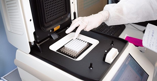 DNA being placed into the PCR thermal cycler or amplifier for PCR diagnostics. DNA being placed into the PCR thermal cycler or amplifier for PCR diagnostics.