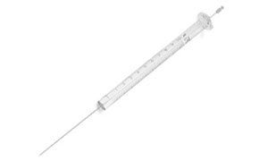Autosampler syringe with a plunger fitted to a glass barrel used for liquid samples.