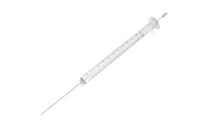 A grayscale photograph of a syringe. It features:  Needle: A long, thin needle is attached to the tip of the syringe. Barrel: The barrel has measurement markings along its length. Plunger: At the end of the syringe, there is a plunger used for drawing in or expelling liquids.