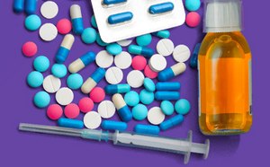 A colorful assortment of medications displayed on a purple background, including various pills in blue, pink, and white, a blister pack of capsules, a bottle of liquid medicine, and a syringe.