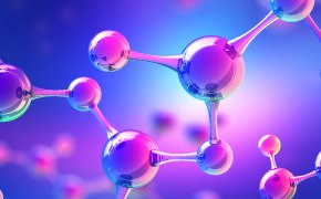 A digital illustration of a molecule model with spherical atoms connected by rods, representing bonds, against a gradient blue and purple background.