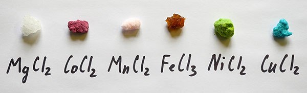 Colorful high-purity metal salts halide (chloride) salts displaying an array of color in part due to the oxidation state of the associated metals
