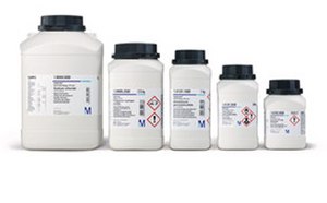 The image displays a series of five white chemical containers with black caps, each adorned with labels and hazard symbols, arranged in ascending order of size against a stark white background.