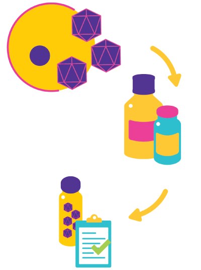 VirusExpress® AAV Production Platform A colorful graphical representation of a process where purple geometric shapes are extracted from a yellow and orange palette, then transformed into two colorful bottles of substances, which are then tested and approved as indicated by a green check mark on a clipboard.