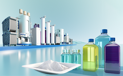 Bioprocessing cell culture devices and products Image laboratory devices and cell culture media liquids, media as well as chemicals bottles in different colors.