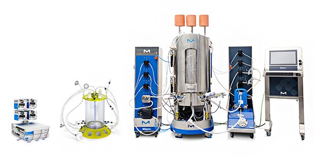 Bioprocessing Single-Use bioreactors Image showing bioprocessing single-use bioreactors of different sizes.