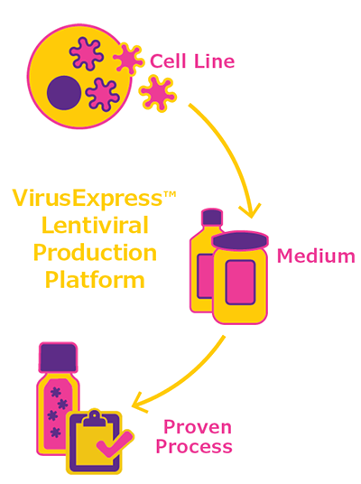 VirusExpress Lentiviral Production Platform Schéma d'une plateforme de recombinaison comprenant la lignée cellulaire CHOZN® GS -/- et la technologie d'expression UCOE®