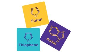 Three colored squares inclucing chemical symbols and titles Furan, Thiophene, and Purine. 