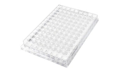 A MultiScreen<sup>®</sup> 96-well plate with a grid of circular wells, designed for laboratory use in experiments and assays, resting on a flat surface.