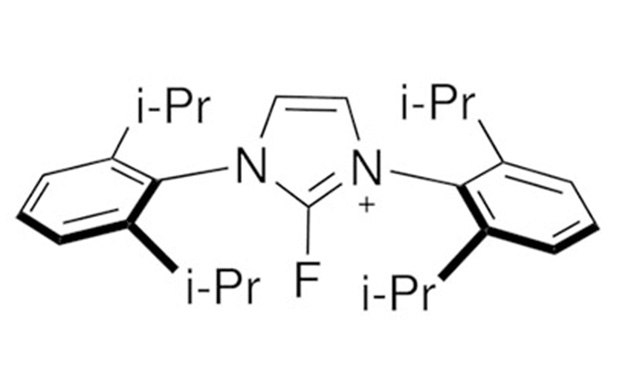 A chemical structure diagram featuring a central nitrogen (N) atom double-bonded to two other nitrogen atoms, each connected to an isopropyl group (i-Pr). The central nitrogen atom also has a positive charge and is single-bonded to a fluorine (F) atom. Flanking the central structure are two benzene rings, each attached to the outer nitrogen atoms. A chemical structure diagram featuring a central nitrogen (N) atom double-bonded to two other nitrogen atoms, each connected to an isopropyl group (i-Pr). The central nitrogen atom also has a positive charge and is single-bonded to a fluorine (F) atom. Flanking the central structure are two benzene rings, each attached to the outer nitrogen atoms.