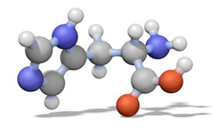 The image features a 3D model of a molecule with atoms represented by spheres in various colors, including white, blue, and red. The molecular structure is complex, with multiple branches and connections between the atoms. It is a digital rendering set against a plain white background.