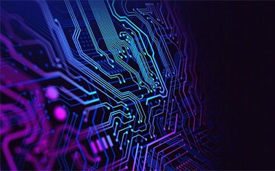 Electronic integrated circuit Image of integrated circuit with electronic components made from electronic chemicals highlighted in blue and purple