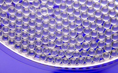 A close-up view of a circular petri dish filled with numerous clear, spherical gel beads or droplets, arranged closely together on a smooth surface. The overall composition emphasizes the uniformity and precision of the bead arrangement. A close-up view of a circular petri dish filled with numerous clear, spherical gel beads or droplets, arranged closely together on a smooth surface. The overall composition emphasizes the uniformity and precision of the bead arrangement.