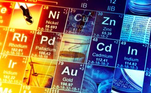 Image shows section of metal elements and their symbols and atomic numbers in the periodic table.