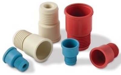 Suba Seal Septa An array of six Suba-seal septa in red, blue, and beige, featuring various sizes and shapes, scattered on a white background, with ridges for grip or attachment.