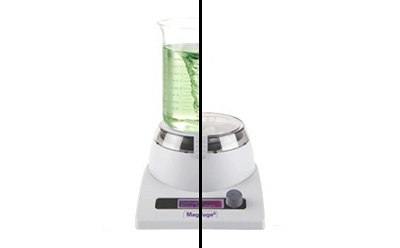 Photo showing a product split down the middle, with left side showing beaker with vortex of stirring and no beaker on right side.