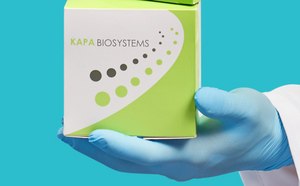 A gloved hand holding a box of Kapa Biosystems PCR Reagents kits in a laboratory setting. 