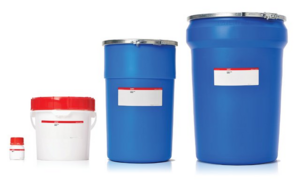 Four containers are depicted in the image related to buffers and pH adjusters. The two smaller containers on the left have a red lid and white body. The two larger containers on the right are blue with red-rimmed lids.