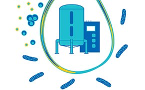 A blue water filtration tank and control unit with stylized representations of water molecules and filtration media particles around it, symbolizing the process of media filtration.