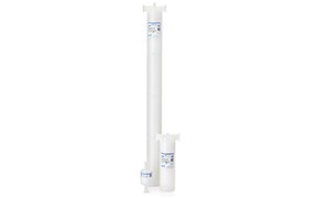 Two chromatography columns designed for membrane chromatography applications, with one column being tall and slender, featuring measurement markings, and the other being shorter and wider with a volume label near its base, both presented against a plain white backdrop.