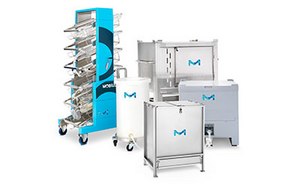 An assortment of Mobius liquid storage solutions designed for efficient fluid transport and storage. The image showcases a mobile rack system with multiple transparent storage bags, a standalone wheeled bin, and a portable container, all adorned with the distinctive Mobius logo and presented in a clean, white and blue color scheme.