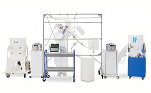 The image appears to be of a medical or laboratory setting with various pieces of equipment being inter-connected that could be used for research or treatment.