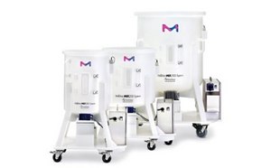 Three white mobius MIX single-use mixers ranging in size from big to small. 