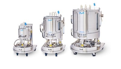 10 L, 100 L, and 500 L single-use Mobius<sup>®</sup> ADC Reactors Single-use Mobius® ADC reactors are available in 10 L, 100 L and 500 L sizes (left to right).