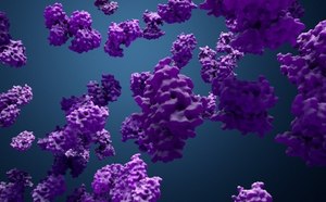 A 3D rendering of intricate purple protein molecules floating against a deep blue background. The molecules vary in size and are scattered throughout, with a complex structure featuring multiple protrusions and cavities. They are highlighted by the lighting, giving them a glossy appearance..