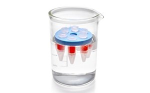  A beaker containing water with a blue platform holding several red-tipped tubes submerged inside.
