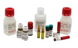 A collection of various chemical bottles and containers with different sizes, shapes, and colors. Some bottles have red caps and labels with hazard symbols indicating flammable and corrosive substances. There are also small vials with yellow liquid, alongside tubes with white caps.