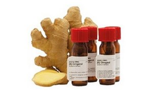 The image depicts a partially sliced ginger root next to three small brown medicine or essential oil bottles with red caps and white labels, against a plain white background.