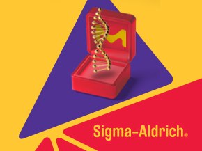 a red box with an open lid containing a 3D model of a DNA double helix. The background is a vibrant mix of yellow and purple geometric shapes.