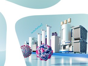 A modern laboratory scene featuring various bioprocessing equipment, including columns and bioreactors, alongside stylized representations of viral structures and DNA strands, all set against a light blue background.