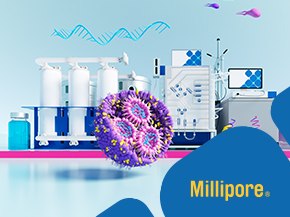 a laboratory scene focused on biotechnology. In the foreground, a stylized representation of a virus is shown, featuring vibrant purple and yellow colors. In the background, various laboratory equipment is visible, including large white tanks, a blue glass vial, and a computer monitor displaying data. Above the equipment, abstract DNA strands and colorful shapes float in the air, creating a dynamic and scientific atmosphere.