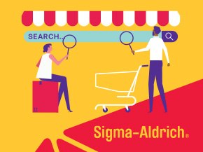 illustration depicting two figures engaged in a shopping experience. One figure is seated on a box, holding a magnifying glass, while the other stands next to a shopping cart, also holding a magnifying glass. Above them is a "SEARCH" bar with a search icon, set against a bright yellow background.
