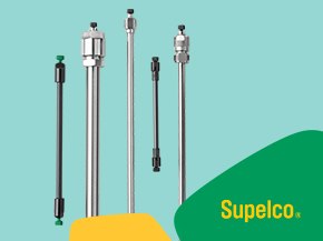 A collection of High-Performance Liquid Chromatography (HPLC) columns displayed against a light teal background, featuring various sizes and designs, with the Supelco logo prominently featured in the lower right corner.