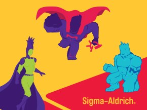 A colorful illustration featuring three superhero figures in dynamic poses against a bright yellow background. The characters are depicted in bold colors, with one wearing a cape, another in mid-leap, and the third in a strong pose. The Sigma-Aldrich logo is displayed in the lower right corner.