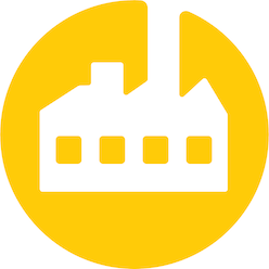 A white graphic of a building surrounded by a yellow circle.