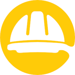 A white graphic of a hard hat surrounded by a yellow circle.