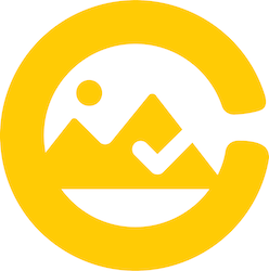 A yellow graphic of mountains surrounded by a circle.